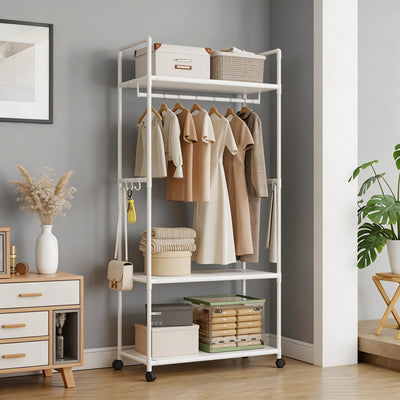Porte vêtement multifonction avec étagères et roulettes pour optimiser le rangement