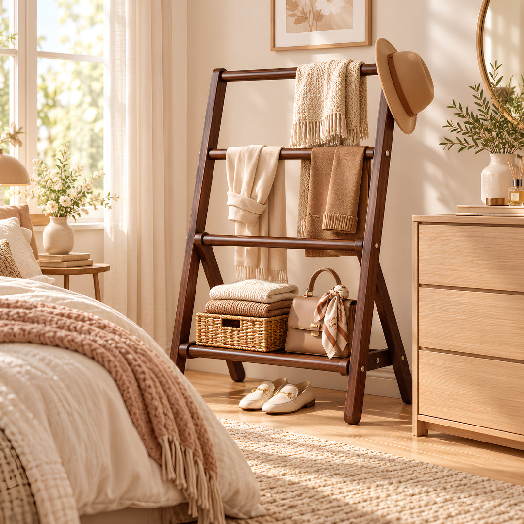 Valet de chambre en bois dans une chambre scandinave soignée à côté d’une commode avec vêtements et accessoires rangés