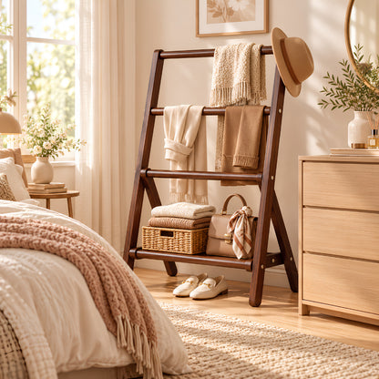 Valet de chambre en bois dans une chambre scandinave soignée à côté d’une commode avec vêtements et accessoires rangés
