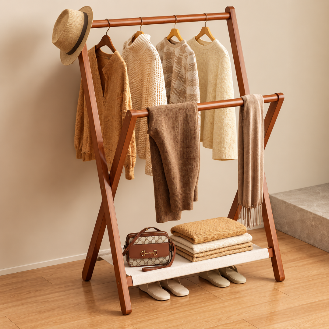 Valet de chambre avec sac et accessoires rangés sur la partie inférieure