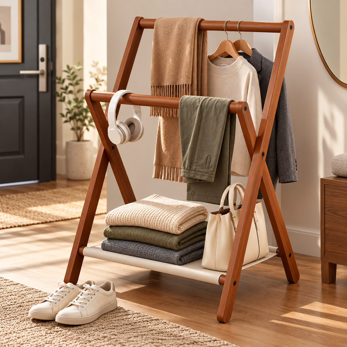 Valet de chambre compact pour organiser ses affaires sans encombrer la pièce