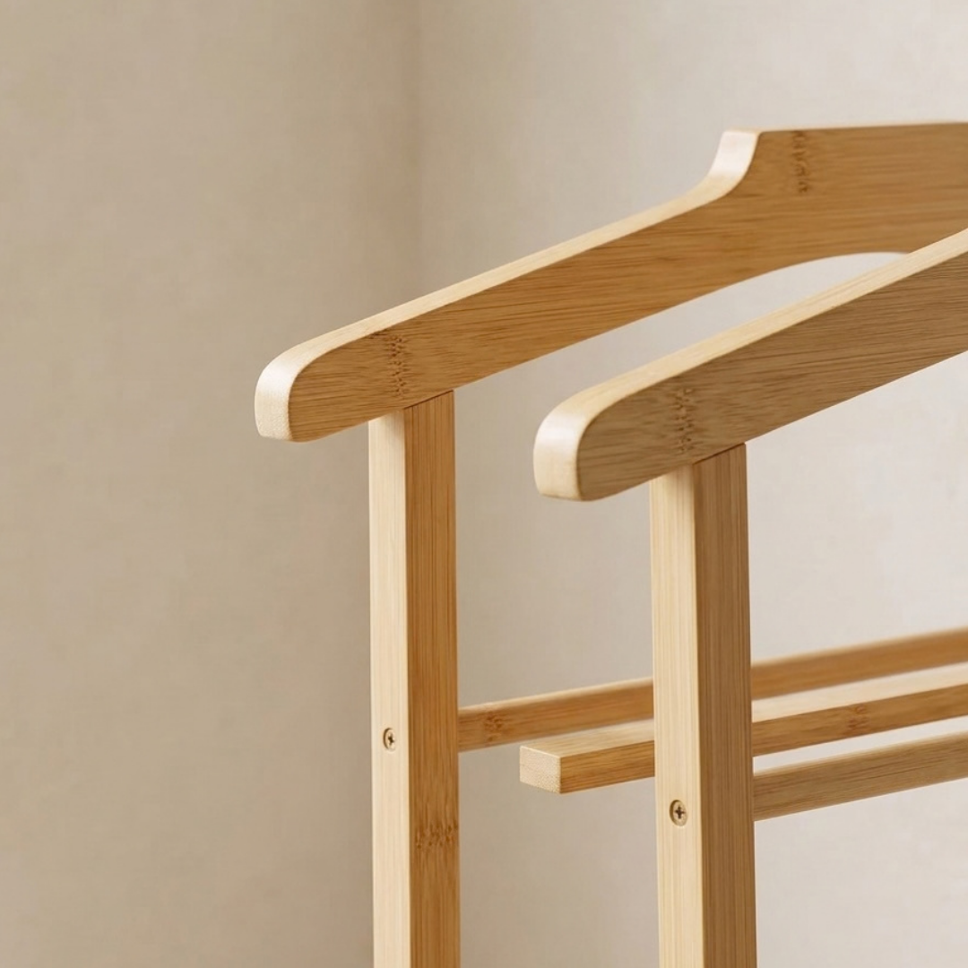 Valet de nuit compact en bambou adapté aux petits espaces