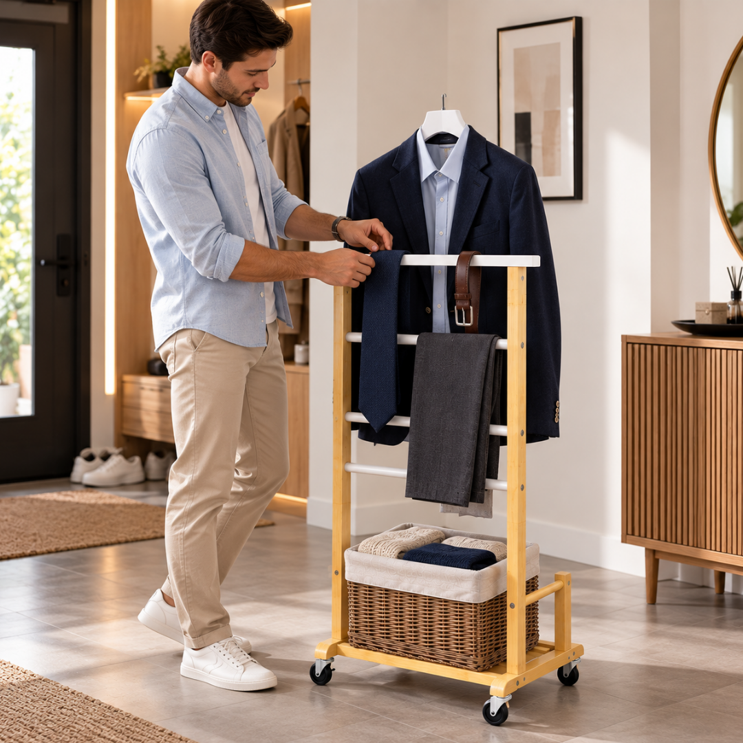 Valet de nuit au format compact pour optimiser le rangement dans une petite chambre ou un dressing