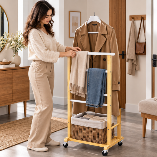 Valet de nuit pratique avec plusieurs supports pour préparer et ranger une tenue complète au même endroit